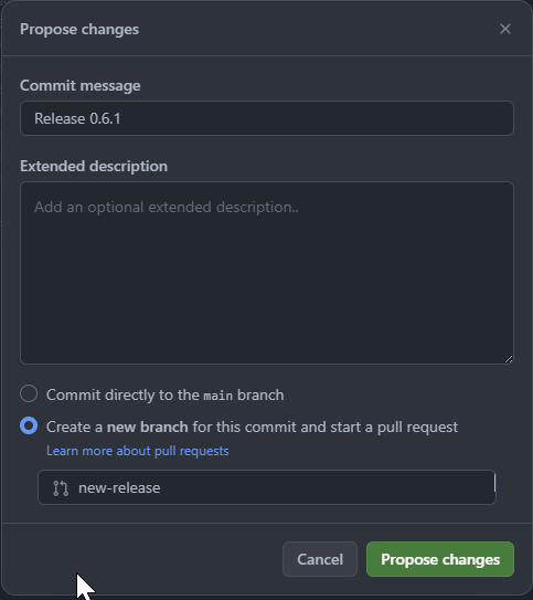 Screenshot of PR with commit message "Release 0.6.1"