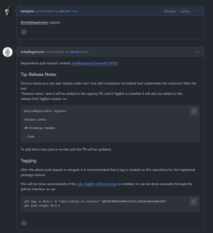 Screenshot of JuliaRegistrator bot message