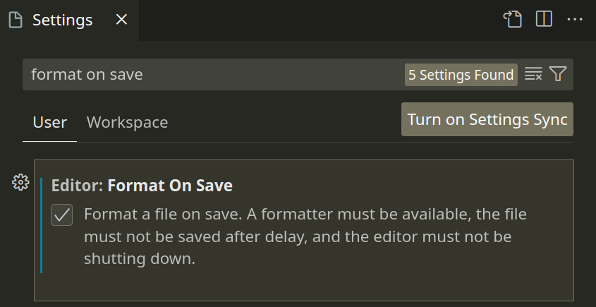 Screenshot of Format on Save option